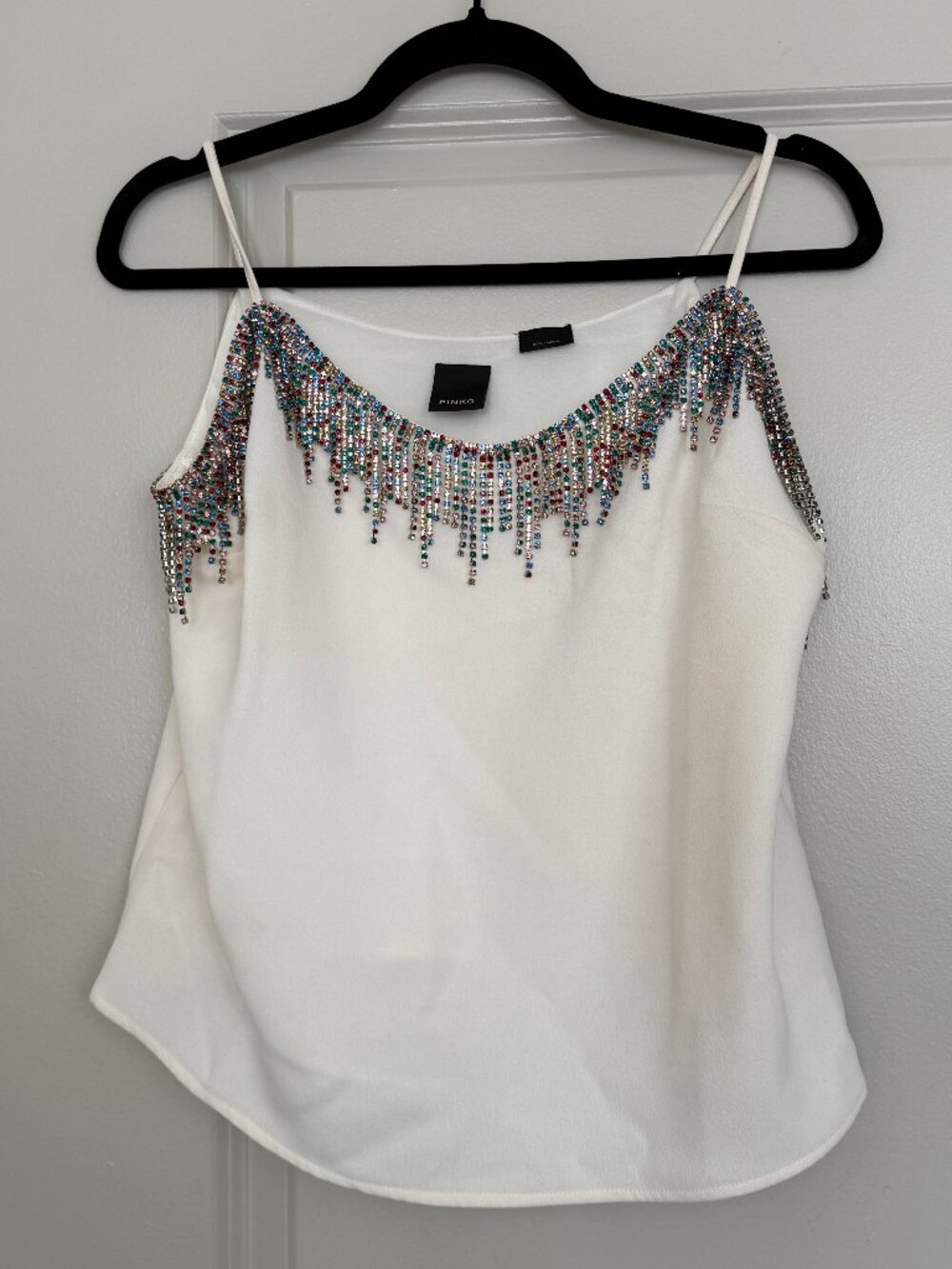 PINKO White Rhinestone Fringe Embellished Crepe Tank Top Size 46 (US 10)